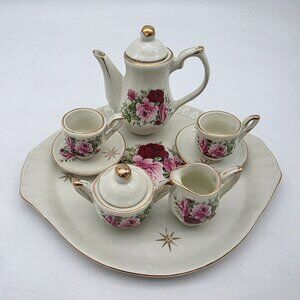 Vintage Ceramic Rose & Starburst Pattern Miniature Tea Set With Gold Trim